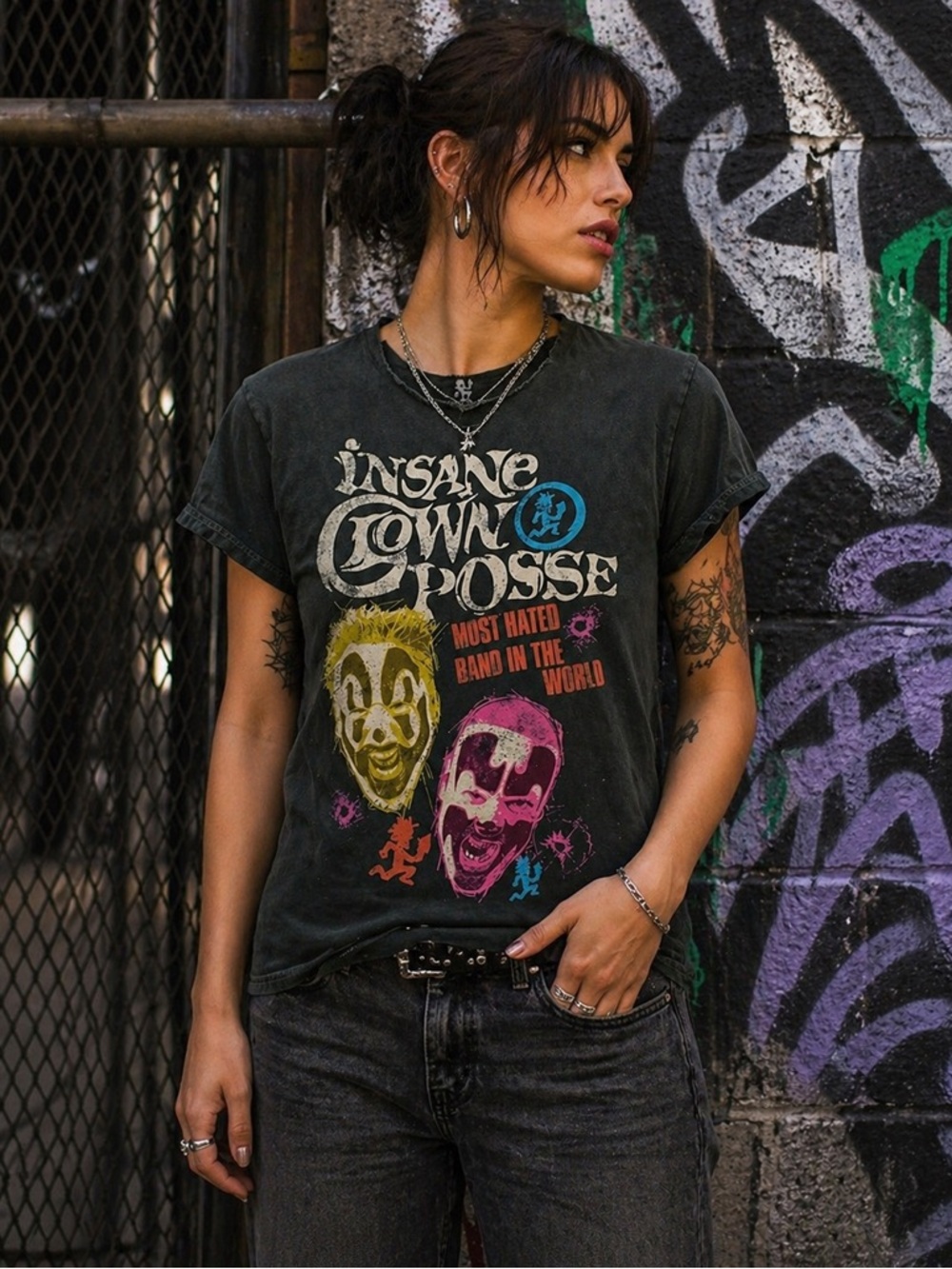 Insane Clown Posse Graphic Tee | Y2K Grunge Distressed Collar Band Shirt S